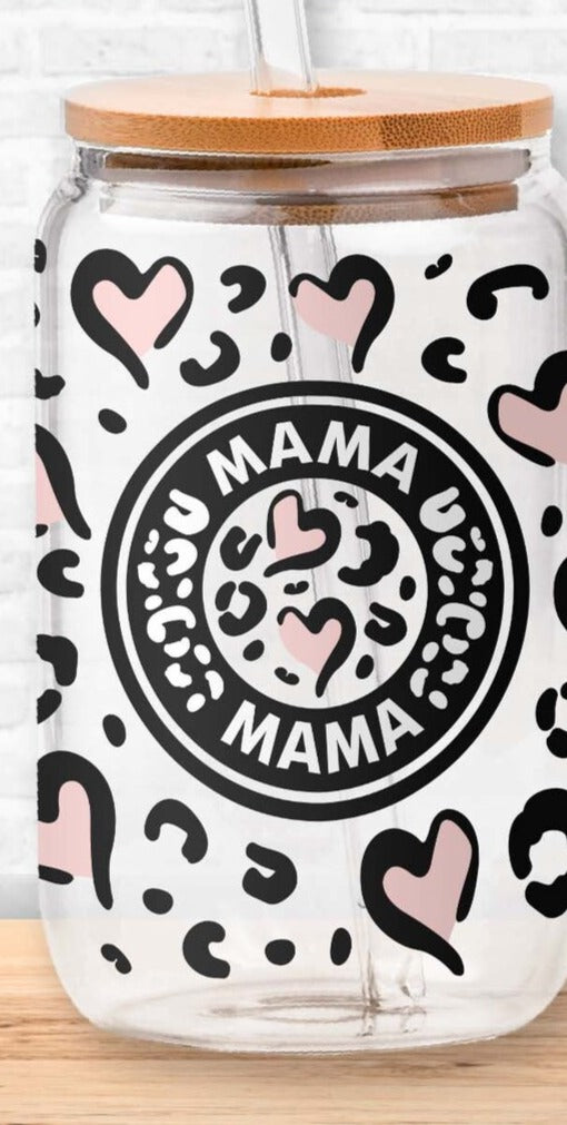 Glass Can - Mama heart leopard